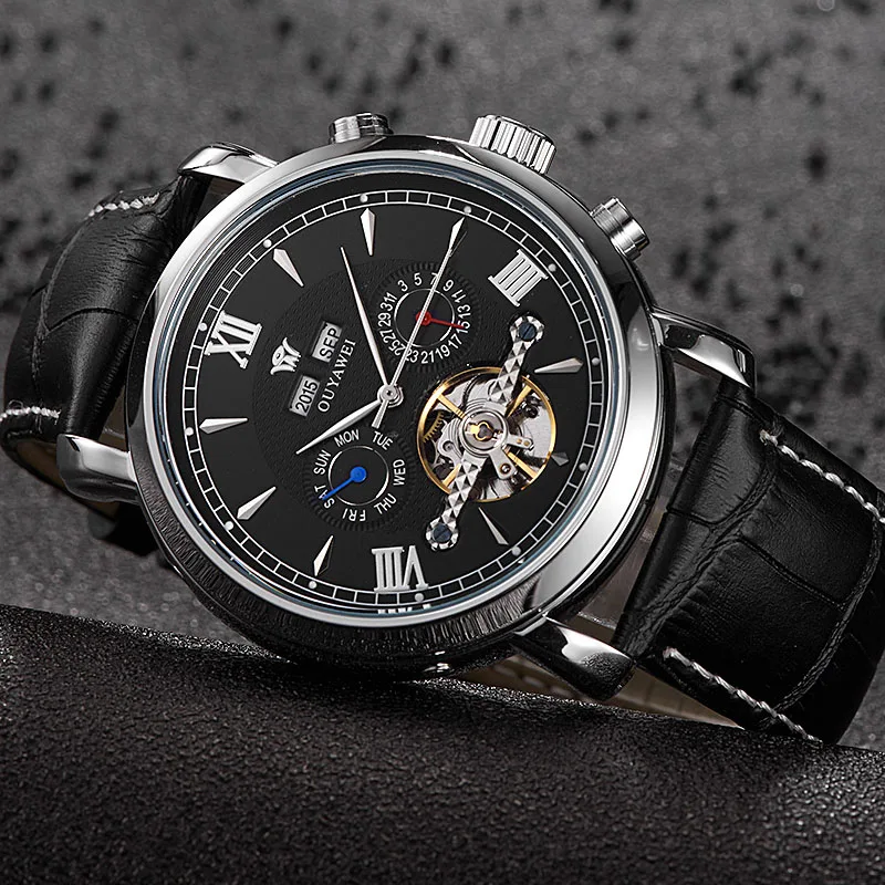 OUYAWEI Скелет механические часы Роскошные мужские черные Tourbillon бизнес бренд Кожа
