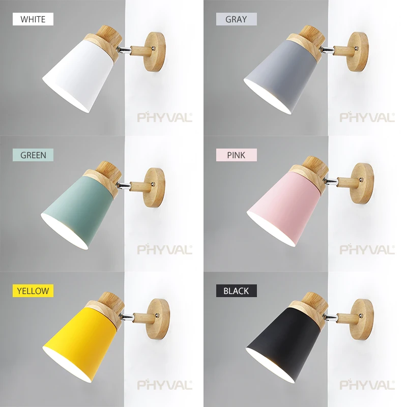 wooden wall lights bedside lamp sconce modern light for bedroom Nordic macaroon 6 color steering head E27 85-285V | Лампы и освещение