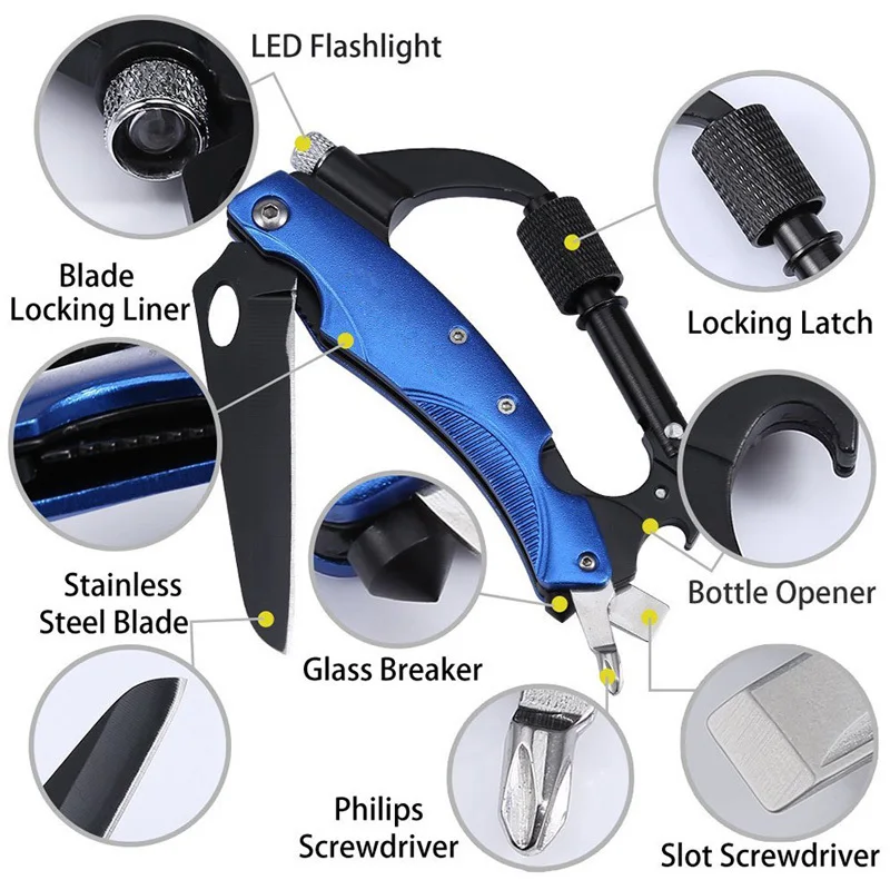 WorthWhile Multifunction Mountaineering Buckle Knife with LED for Outdoor Camping Hiking Survival Pocket EDC Tool Keychain | Спорт и