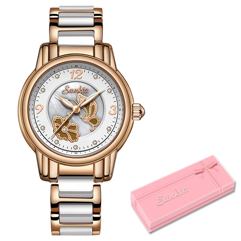 Rose Gold White SUNKTA2019 новые кварцевые женские часы из розового золота с керамическим ремешком модные повседневные водонепроницаемые женские часы Relogio Feminino - Цвет: Rose Gold White