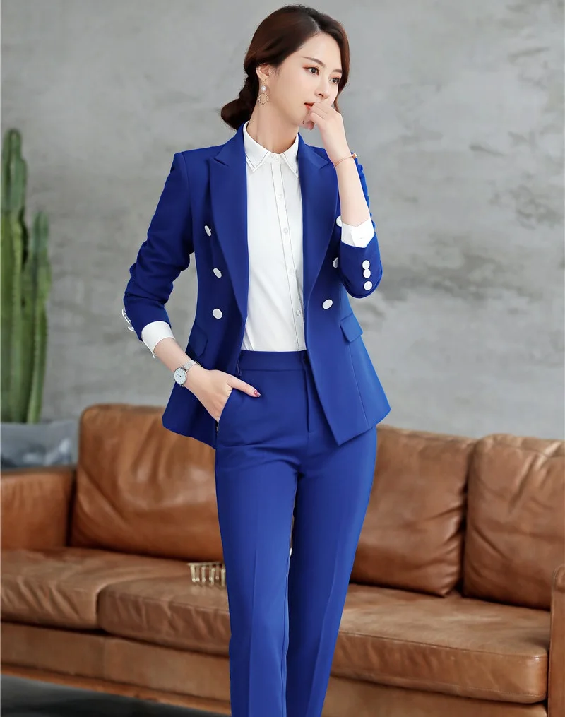 Элегантный синий формальный дизайн униформы брючный костюм со штанами и топом