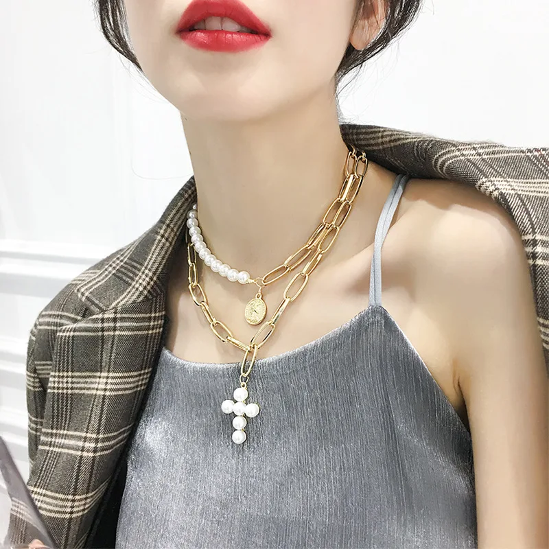 Женское многослойное ожерелье с большим жемчугом в европейском и американском