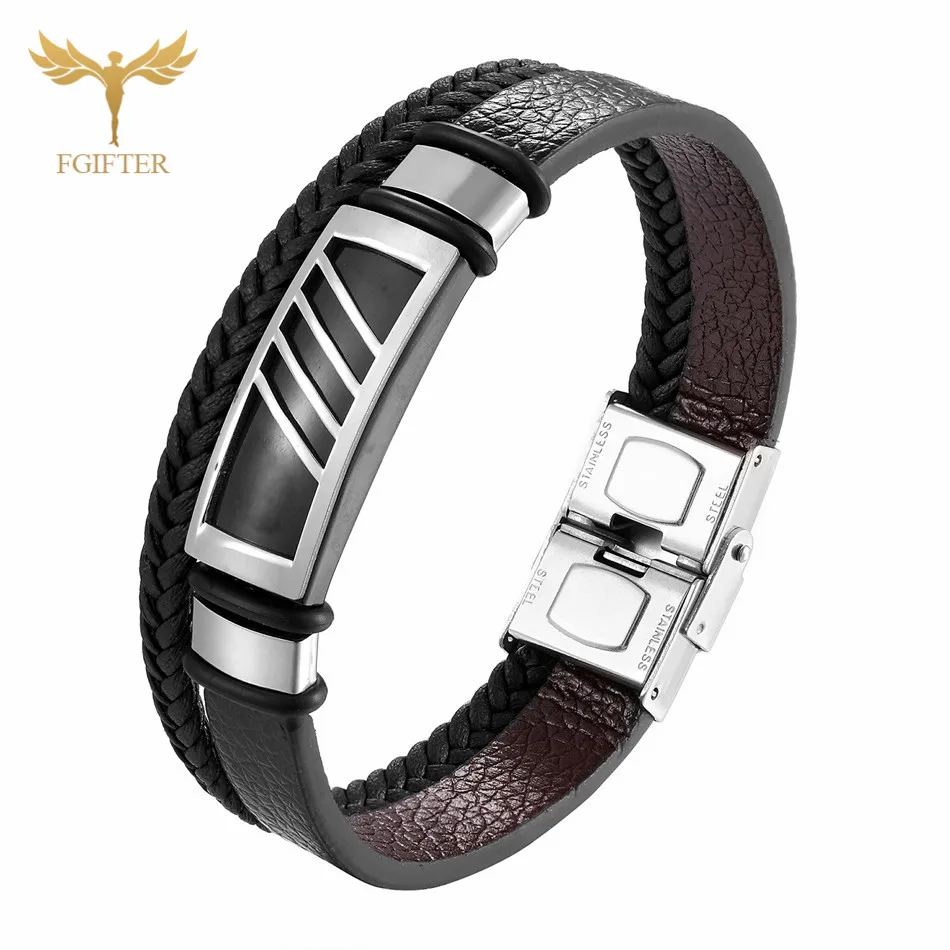 Fashion Charm Bracelet Gold Black Geometric Stainless Steel Accessory Multi Layer Leather Bracelets Bangles for Women Men