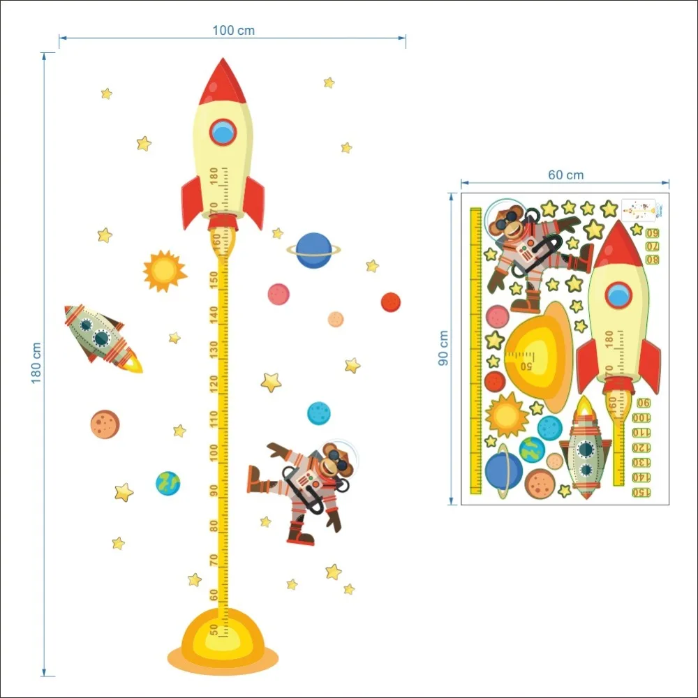 Monkey Rocket Out To Space Height Measure Wall Sticker For Children Room Pvc Growth Chart Home Decals Cartoon Mural Art Poster | Дом и сад