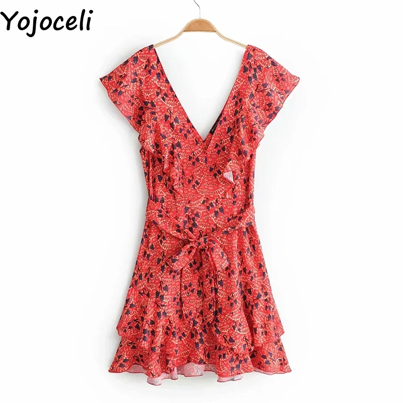 Yojoceli/короткое элегантное платье с рюшами летнее шифоновое поясом и бантом