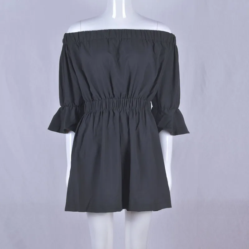 

Women Summer Dress 2019 Off Shoulder Sexy Mini Dress Cotton Waist-Controlled Slim Boat Neck One-Piece Dress For Beach Vacation