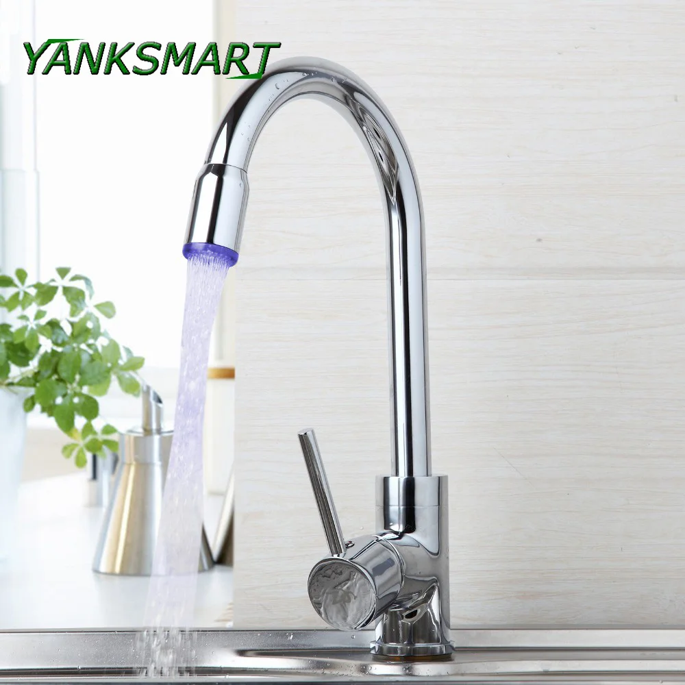 

YANKSMART 360 Swivel LED Light Temp Faucet Ceramic Valve Chrome Brass Hot & Cold Mixer Single Lever Bathroom Basin Sink Taps