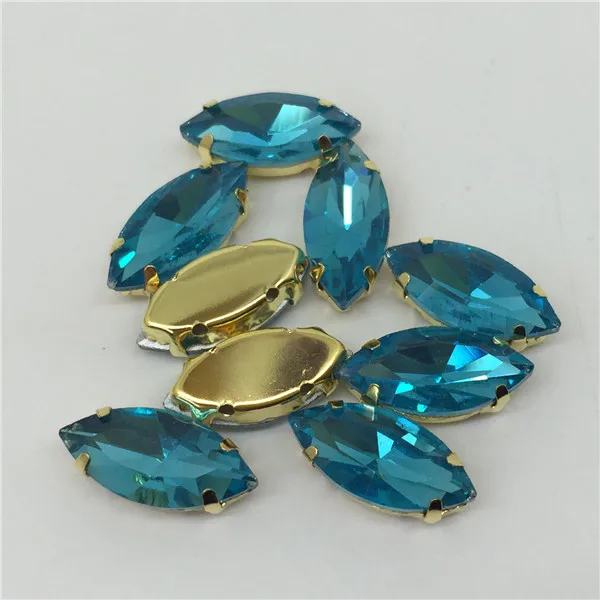 Aquamarine TopStone конский глаз пришить стразы с золотой коготь Установка 7x15 9x18 17x32 5x10 4x8 мм Navette швейное стекло, кристалл, камень - Цвет: Aquamarine