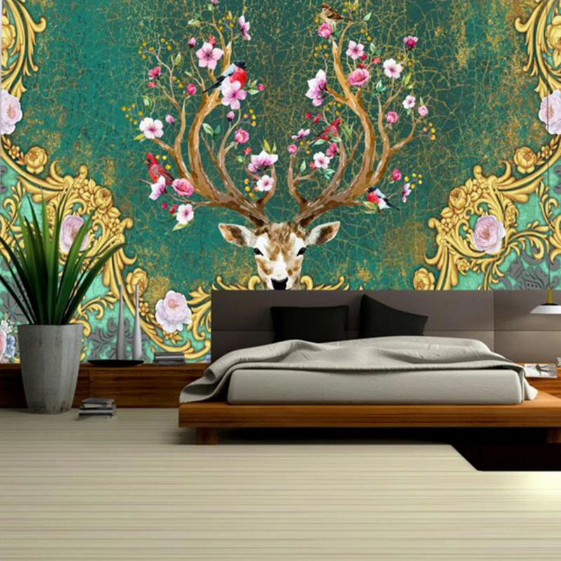 

Vintage Floral Wallpaper for Sale Deer Wall Mural Flower Wallpaper for Home Sitting Room Design TV Room Furniture Room Decor