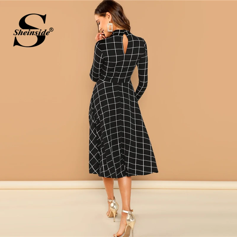 Sheinside офисное женское платье с высокой горловиной и расклешенной юбкой, элегантное женское платье в клетку с длинным рукавом, осень, ТРАПЕЦИЕВИДНОЕ ПЛАТЬЕ средней длины