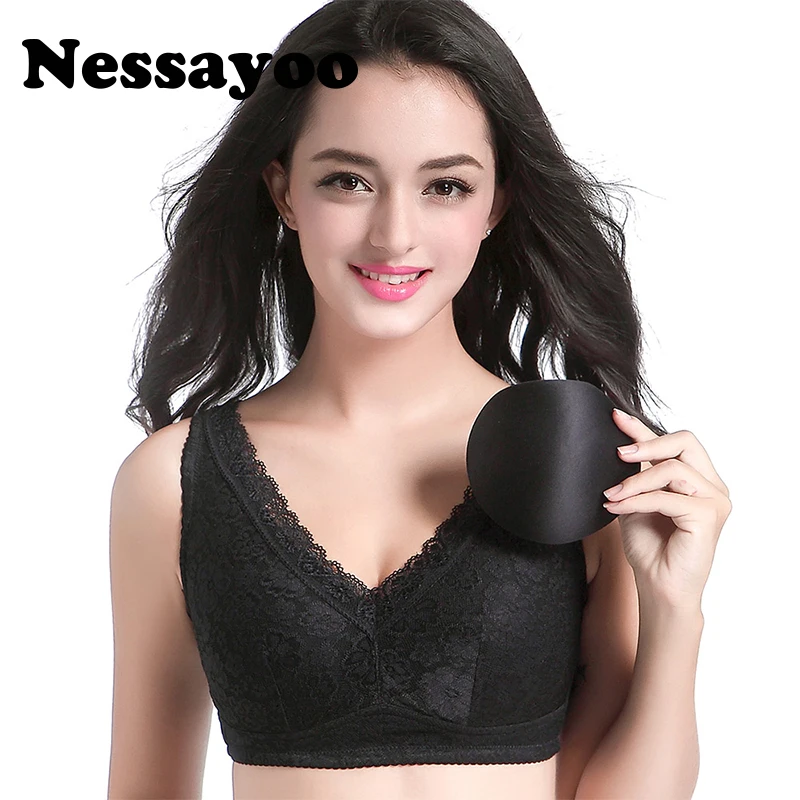 

Nessayoo Women Elegant Lace Jacquard Wire Free Bra Comfort Thin Wrap Chest Sleeping Bra Full Cup Print Bra 34 36 40 42ABC Size