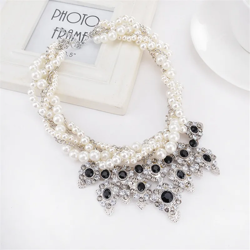 Retro Imitation Pearl Multilayer Strand Necklace Statement Rhinestone Pendant Big Necklaces Women Collar de mujer CZ9188 | Украшения и