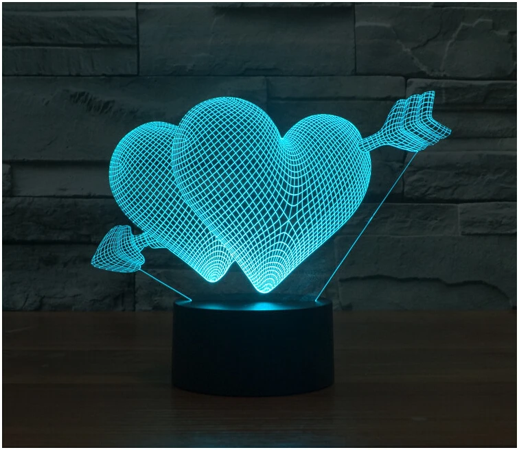 3D иллюзия LED Bulbing ночник Двойное сердце романтическое освещение атмосфера