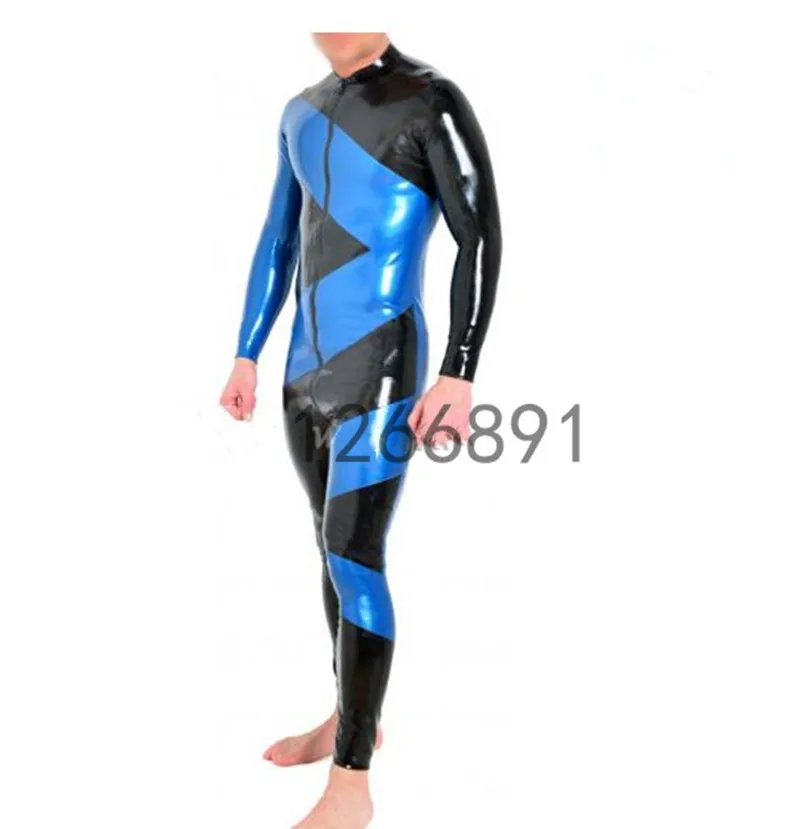 Online Latex Catsuit Gummi Körper Anzug Mit Vorne Zu Gabelung Zip Langen ärmeln Perle Blau Mit Schwarz Farbe Zentai Overall Insgesamt