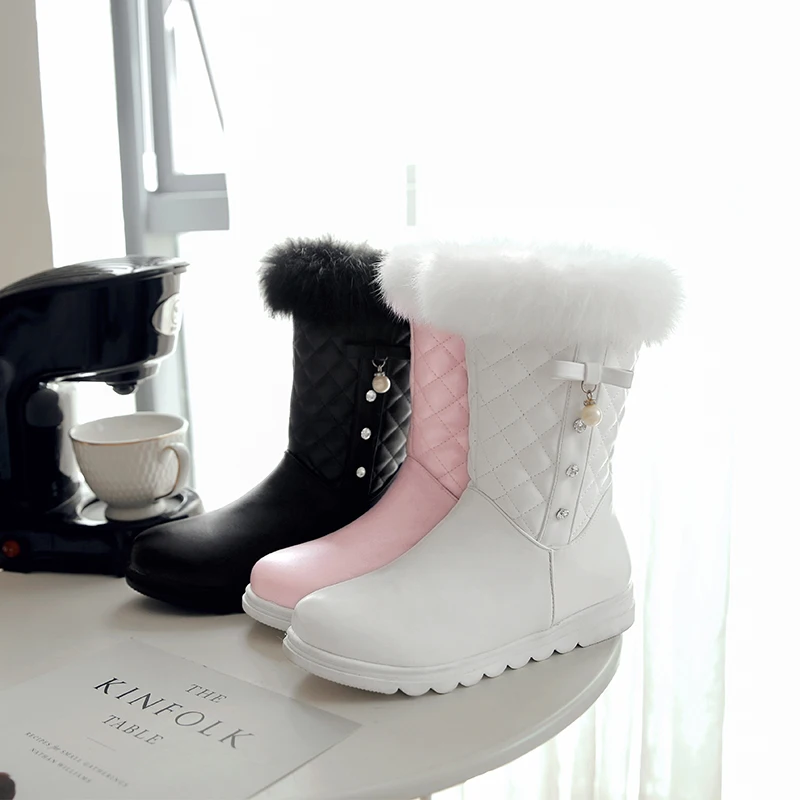 NEW fashion warm Mid-Calf snow boots women round toe soft leather warm Rabbit Fur winter thick fur ladies winter shoes