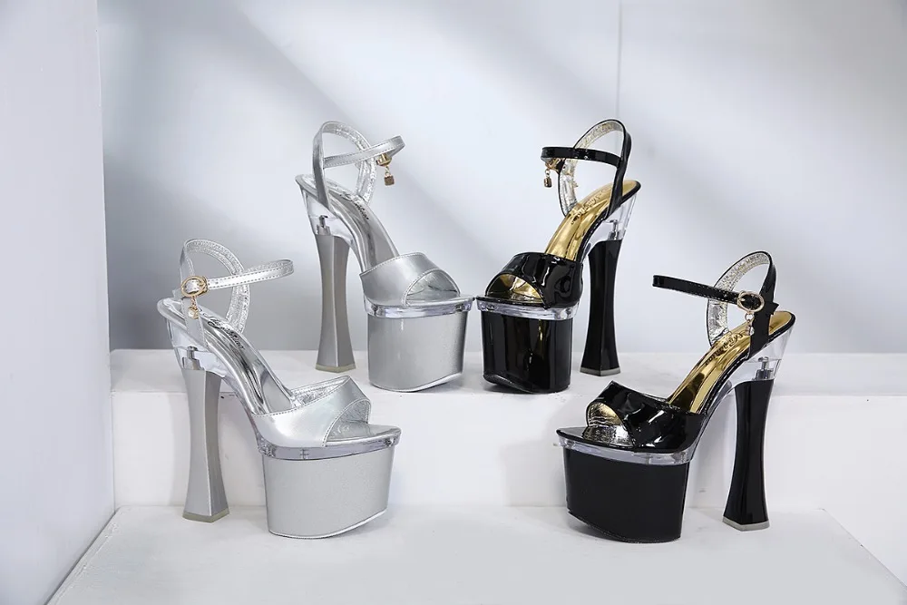 

Genuine Steel Tube Dancing Shoes Super High Heels 17.5cm Sandals Waterproof Buckle Strap Rhinestones Square heelWomen Shoes