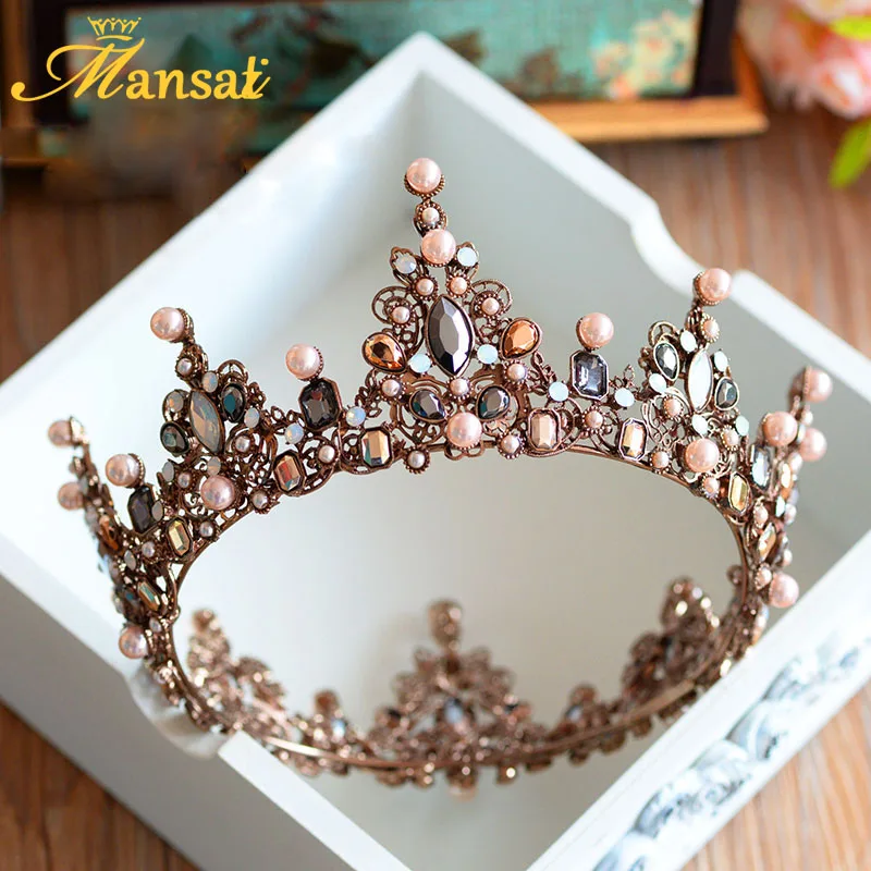 Винтажная диадема королевская тиара круглая европейская свадебная бронзовая