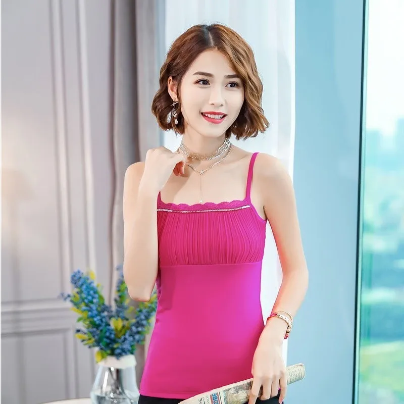 New Fashion Summer Bottom Shirts Elegant Women Office Work Wear Bottoming Shirt Clothes Tops With Lace Suspender Vest - Цвет: Rose
