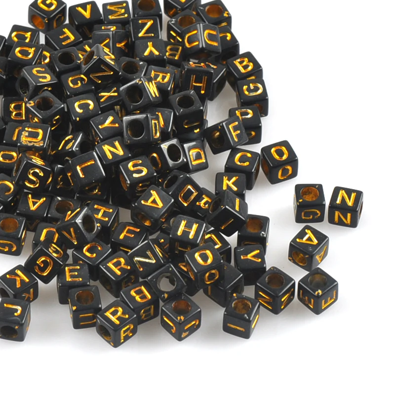 400 шт. Смешанные черные и золотые акриловые бусины Алфавит/буквы Квадратные Пони