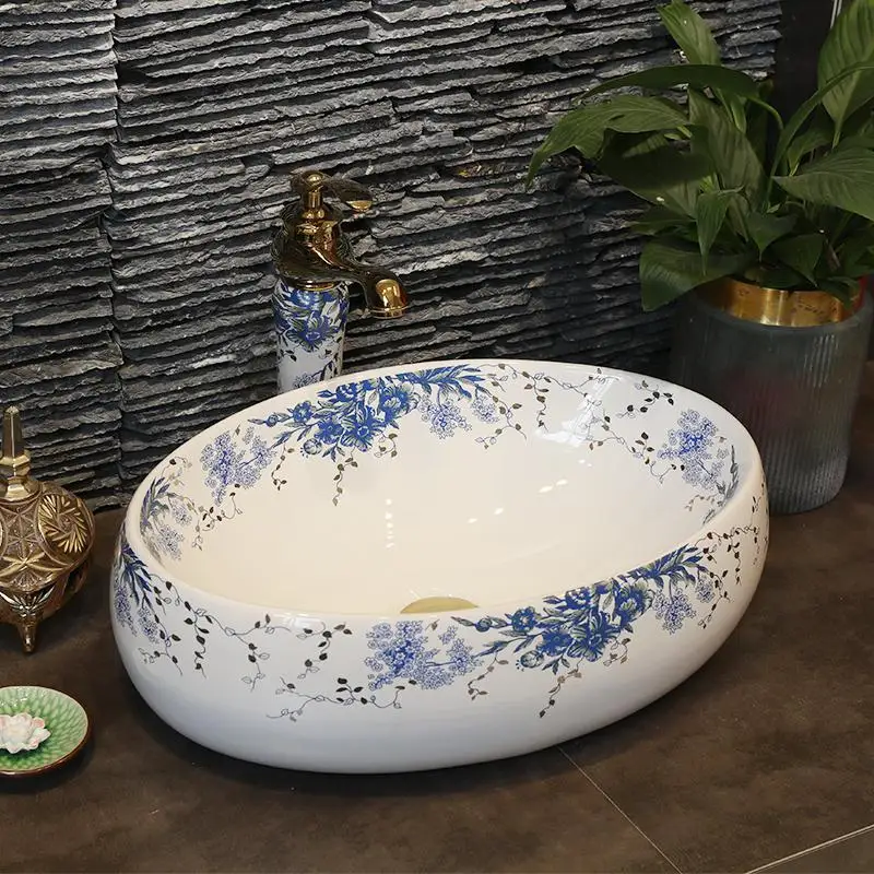 Цзиндэчжэнь синий и белый фарфор домашнего искусства в китайском стиле ретро-винтажный маленький овальный керамический умывальник раковина для ванной - Цвет: design 7 only sink