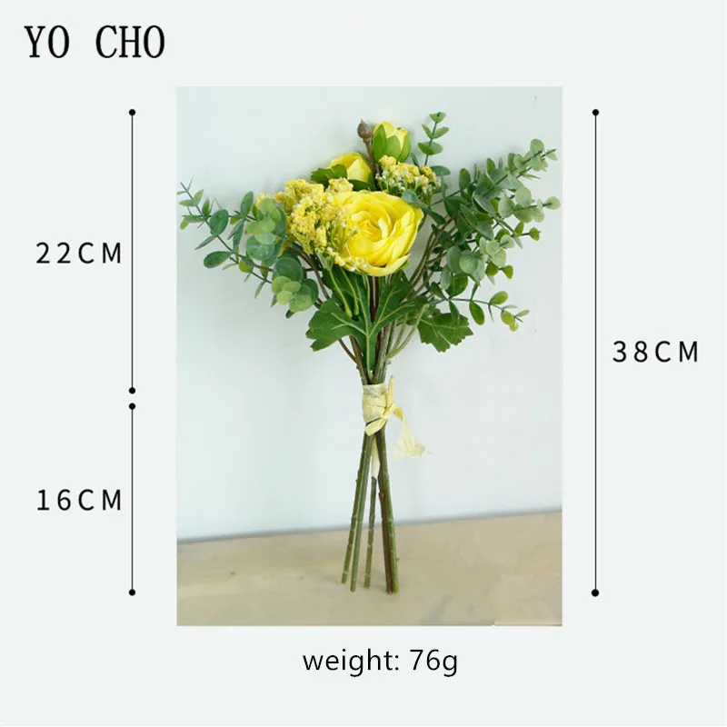 

YO CHO Bride Wedding Bouquet Artificial Silk Lotus Rose Flower Eucalyptus Leaf Baby's Breath Bridesmaid White Bouquet Home Decor