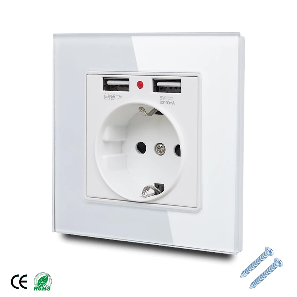 Настенная розетка 86*86 мм со стеклянной панелью европейского стандарта с 2 USB