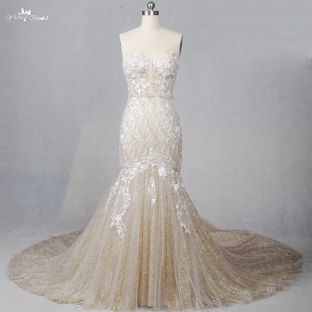 Элегантное Вечернее Платье Русалка RSE807 Yiaibridal блестящее золотистое платье с
