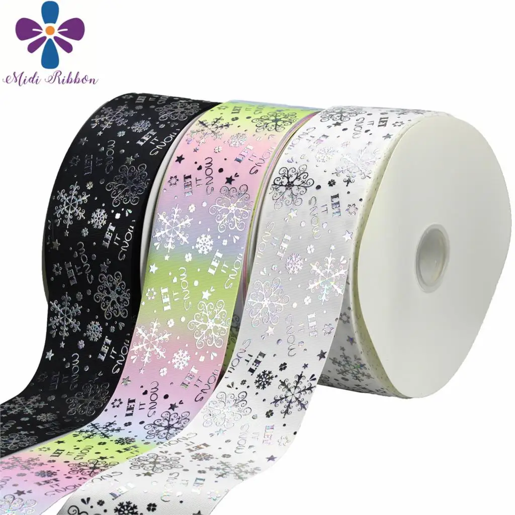 

3"75mm Snowflake Hologram Silver Foil Gradient Color Printed Grosgrain Ribbon DIY Christmas Party Decor Gift Pack 50yards/roll