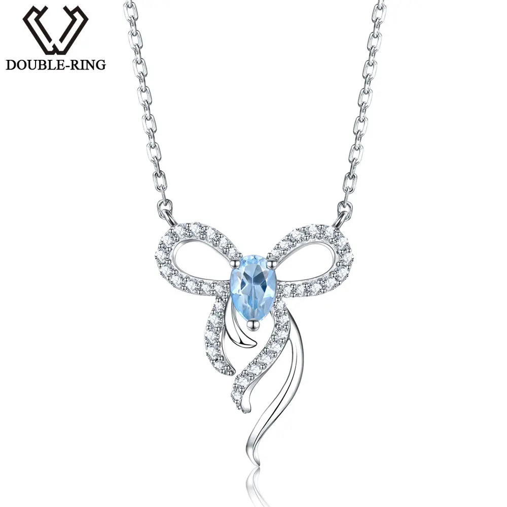 

DOUBLE-R 0.5ct Natural Genuine Blue Topaz 100% 925 Sterling Silver Classic Bowknot Pendants Necklaces Fine Jewelry for Women