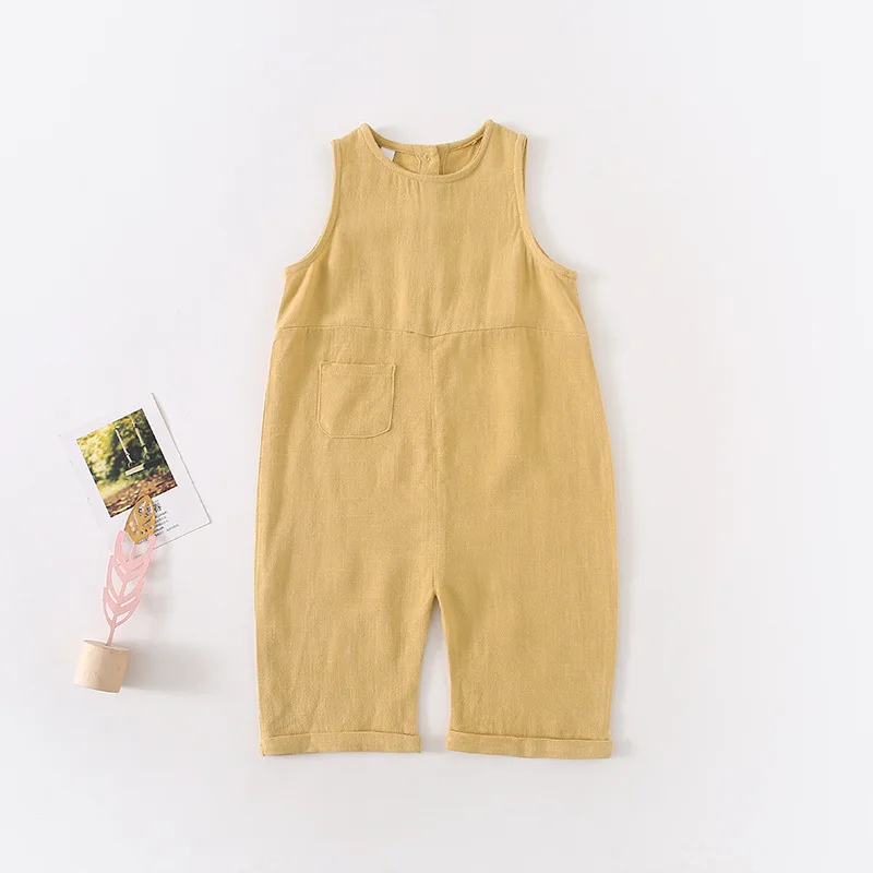 yellow Новые летние детские комбинезоны унисекс однотонные хлопковые льняные комбинезоны в Корейском стиле штаны для маленьких мальчиков и девочек детская одежда - Цвет: yellow