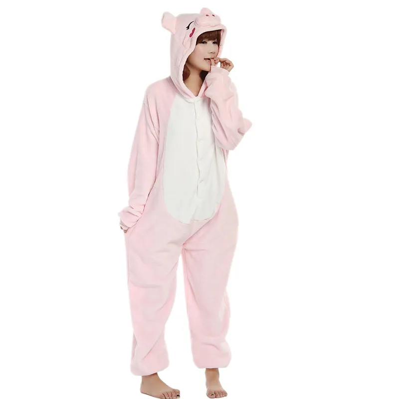 Adult Flannel Cosplay Costume Animal Pink or Black Pig Anime Onesies Pajama For Halloween Carnival Masquerade Party