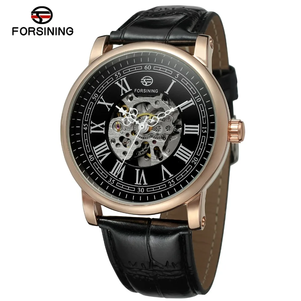 

Forsining Men's New Design Automatic Movement Skeleton Dial Transparent Crystal Leather Strap Wrist Watch Whole Sale FSG8051M3