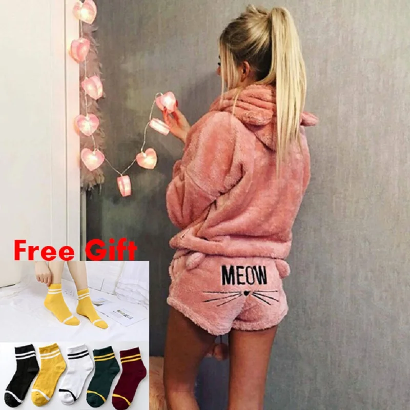 

2019 Autumn Winter Women Coral Velvet Suit Two Piece Pajamas Warm Sleepwear Cute Cat Meow 1 Pattern Hoodies Ladies Shorts Set