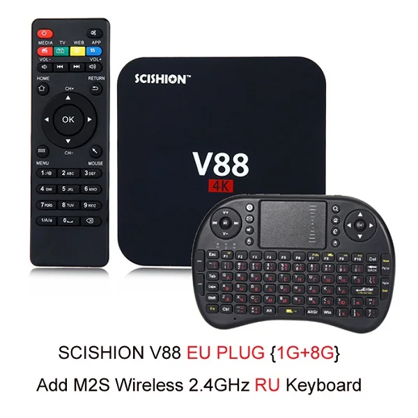 EU add RU Keyboard Смарт-ТВ приставка SCISHION V88 Android 5,1 приставка Rockchip 3229 Четырехъядерный 4K H.265 1 ГБ ОЗУ 8 Гб ПЗУ Android умный медиаплеер - Цвет: EU add RU Keyboard