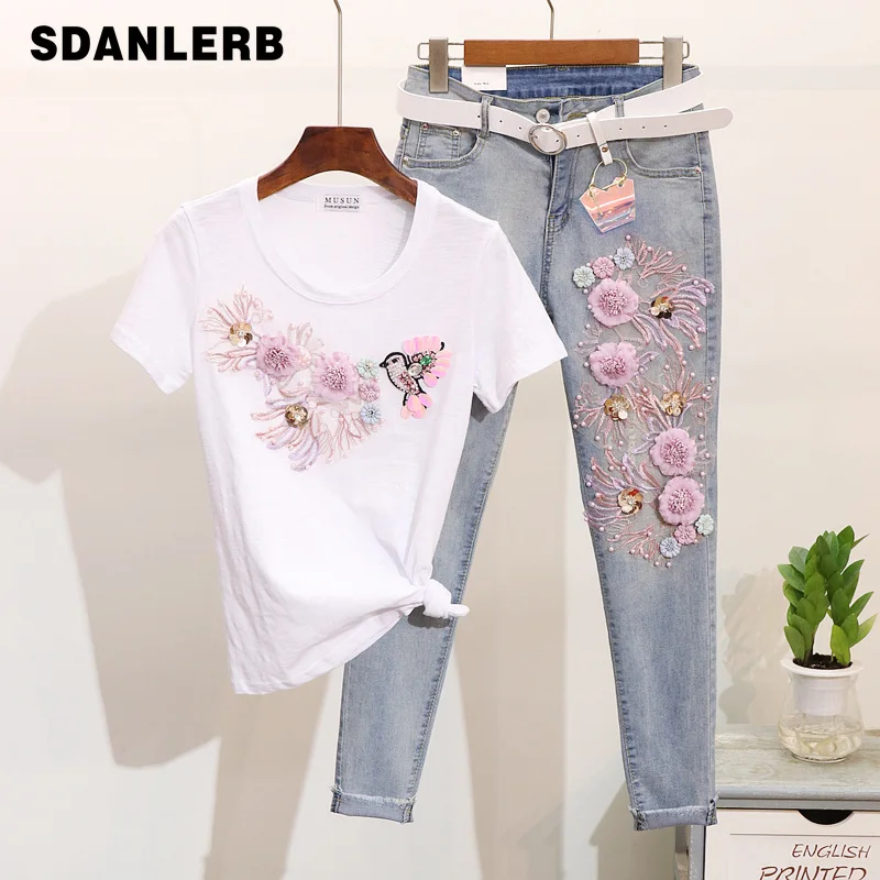 Женский костюм из двух предметов хлопковая Футболка с вышивкой и блестками