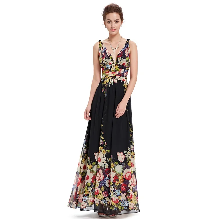 Vestido Fiesta Mujer Ever Pretty, длинное шифоновое свадебное платье трапециевидной формы с v-образным вырезом, элегантные королевские синие платья подружек невесты - Цвет: Black and printed