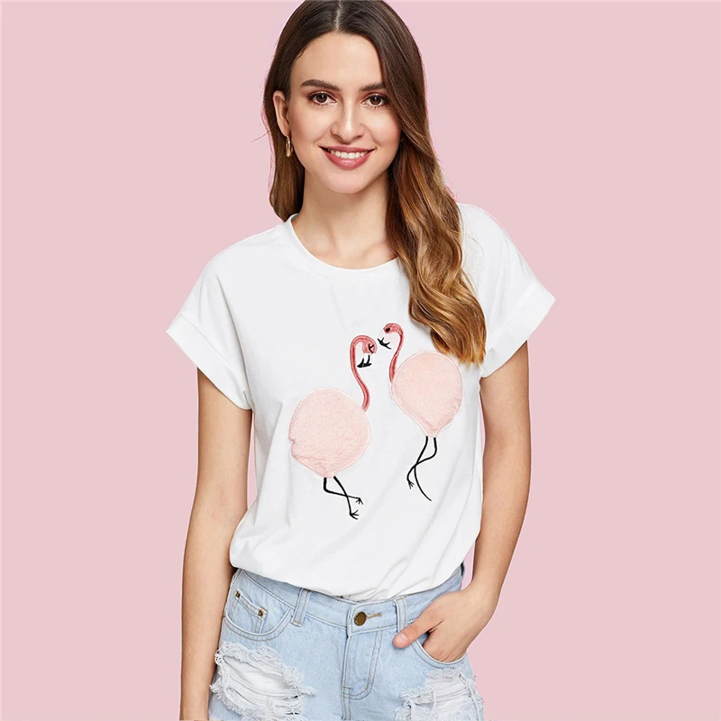 Dotfashion, вышитый фламинго, контрастная Женская футболка из искусственного меха,, летние повседневные женские топы, корейская модная одежда, футболка