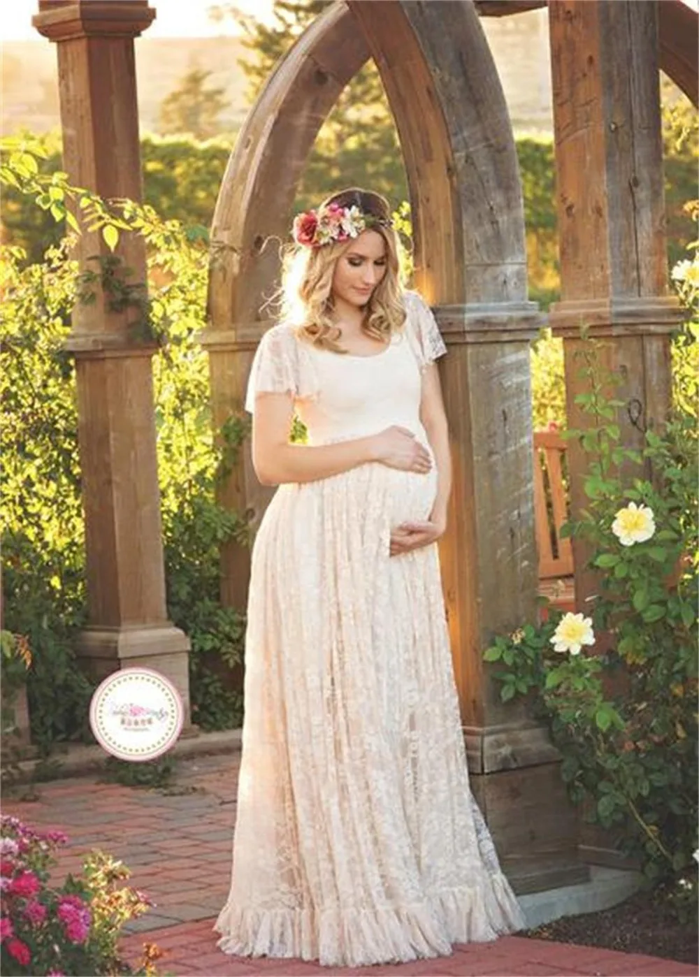 Maternity Dress For Photo Shooting Round neck White Dress Maternty Photography Props Short Sleeve  Lace  Pregnant Dress