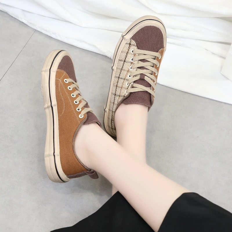 

2019 Spring New Fashion Woman Canvas Casual Shoes Handmade Cross-tied Flats Lace-up Round Toe Ladies Autumn Shoes Woman Sneakers