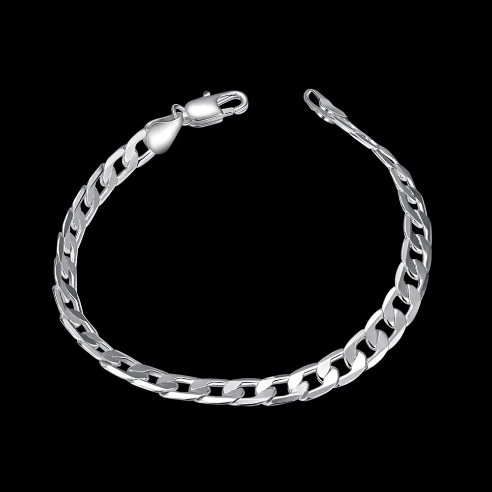 Новое поступление Серебряный покрытый браслет для женщин 6мм звено цепи унисекс серебряные украшения мужские Рождественский подарок модный включен.