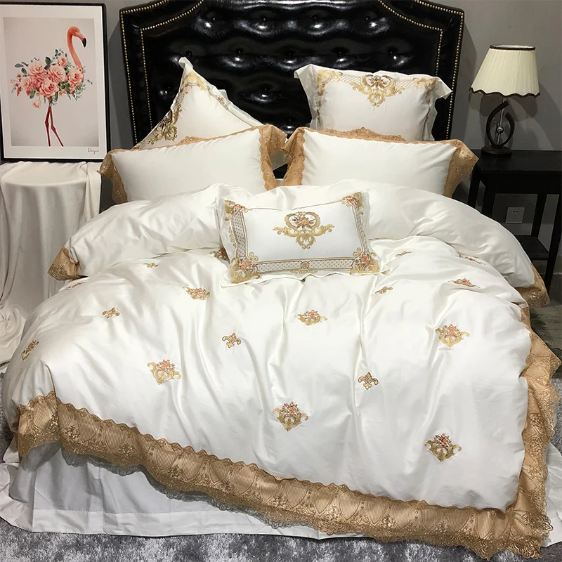Golden Embroidery Luxury Royal Lace Bedding Egypian cotton Soft White US Queen King Extra King bed sheet Duvet cover set Pillow