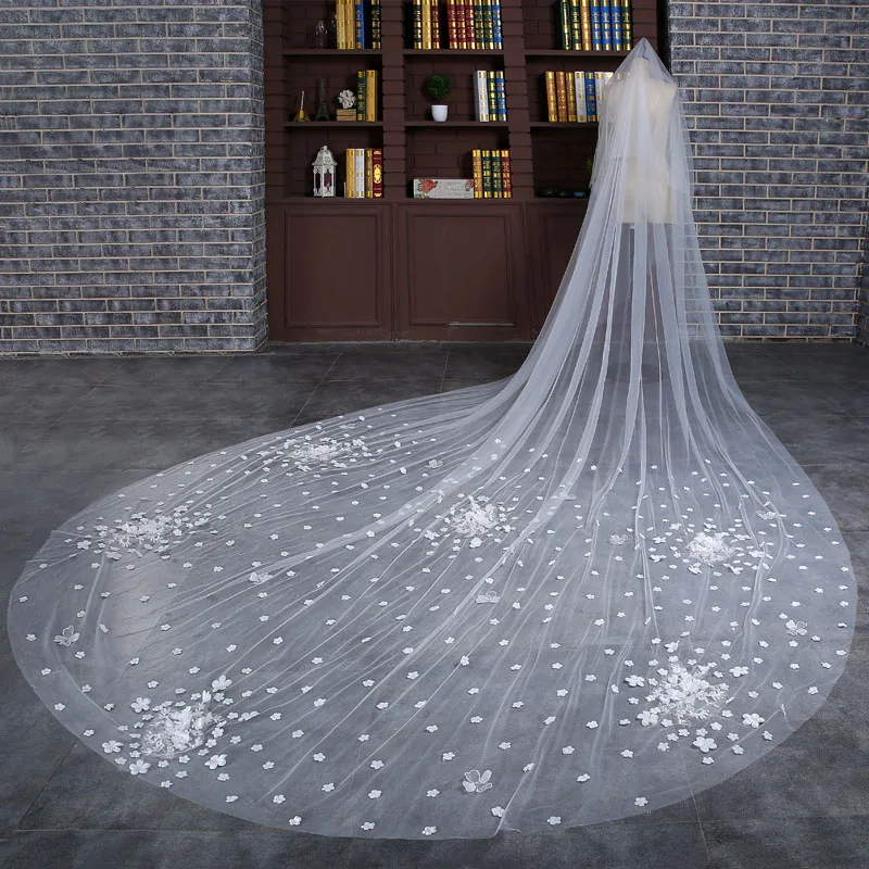 2017 новая слоновая кость Соборная свадебная фата 4 метра длинная Кружевная