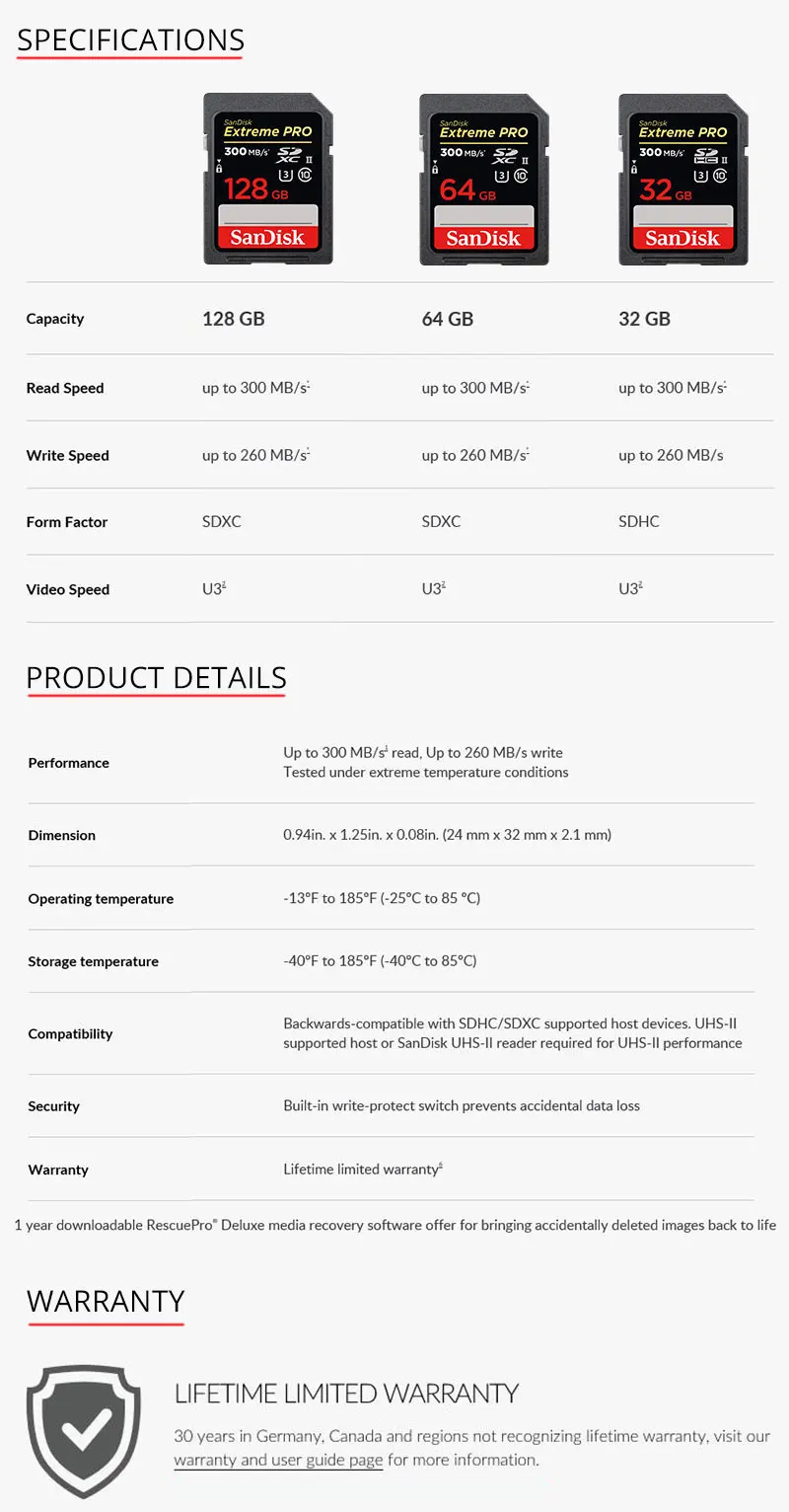Sandisk SD карта 32GB Extreme PRO карты флэш-памяти 64GB SLR Камера карты 128 ГБ SDHC/SDXC U3 Class10 UHS-II 300 МБ/с. для спортивной экшен-камеры 4K с разрешением Full HD
