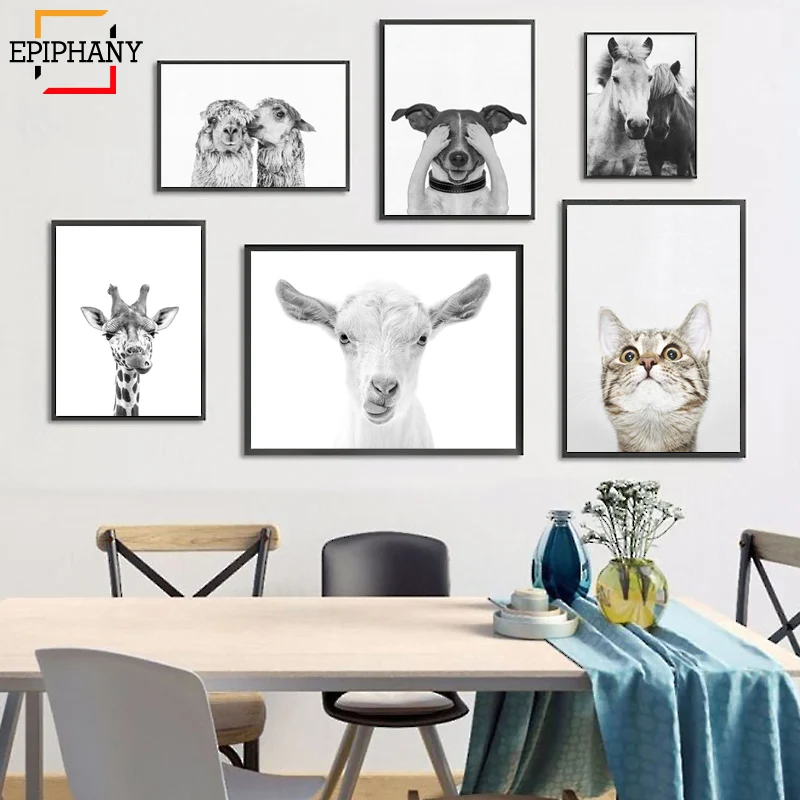 

Kitten Art Print Peekaboo Animal Nursery Decor Alpaca Llama Horse Giraffe Anime Poster Black and White Wall Pictures Decoration
