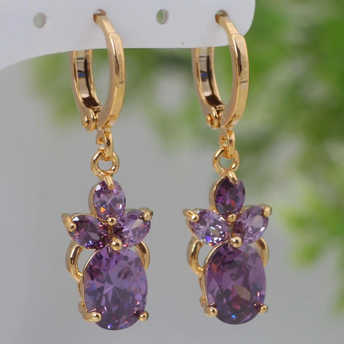 Женские Висячие серьги с фианитами золотистые и фиолетовые серьги-подвески E120 2021