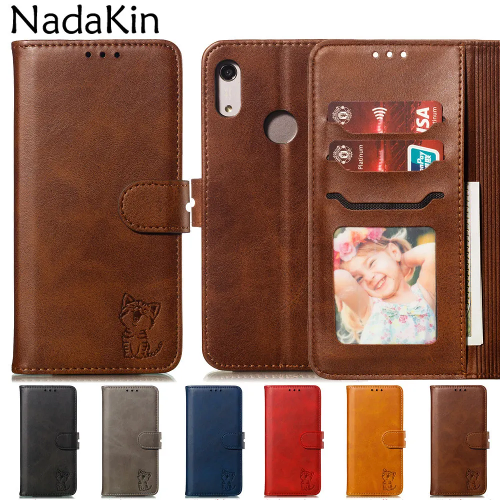 Happy Cat Texture Flip Book Phone Shell Case for Huawei Honor 8A Pro Y6 Plain Leather Wallet Cover for Honor 8A