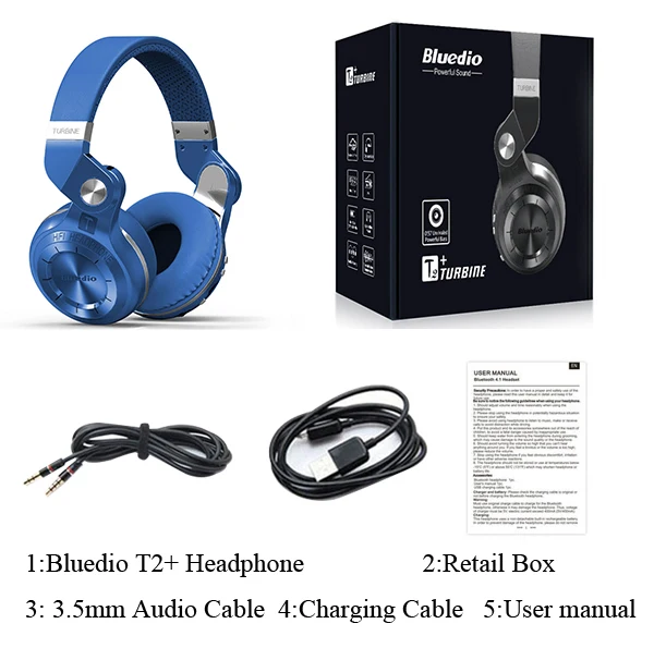 Bluedio T2+ модные складные bluetooth-наушники bluetooth BT 5,0 с поддержкой fm-радио и sd-карт, функции музыки и телефонных звонков - Цвет: Blue Retail Package