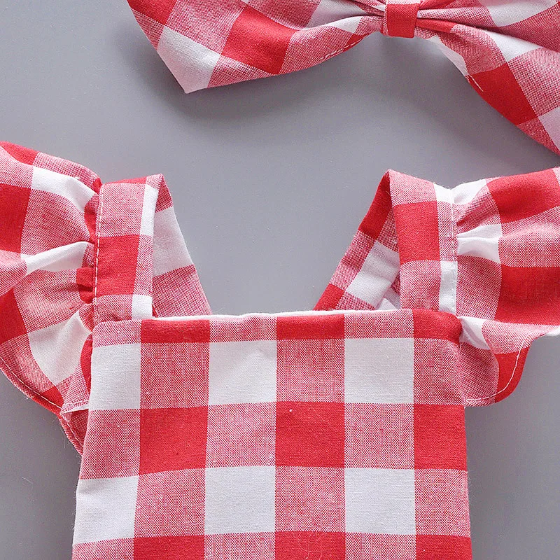 LILIGIRL Newborn Backless Jumpsuit Infant Clothes Baby Girl Romper Cotton Red Plaid Triangle Headband 2pcs Set | Мать и ребенок