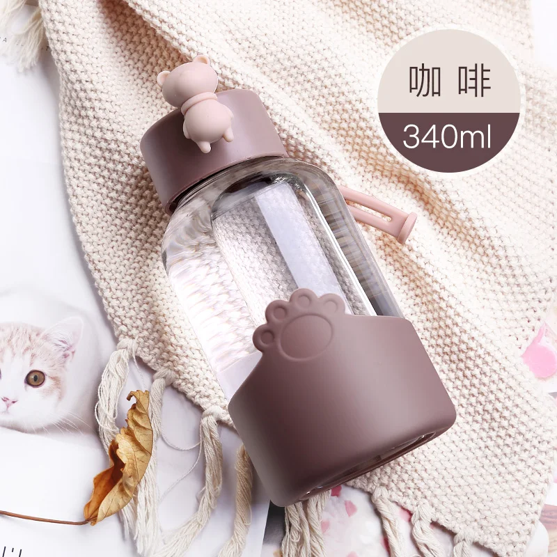 coffee Милый дизайн стеклянная чашка бутылка с ручкой для воды кофейная кружка с силиконовым покрытием портативная бутылка для напитков для девочек стакан чашки - Цвет: coffee