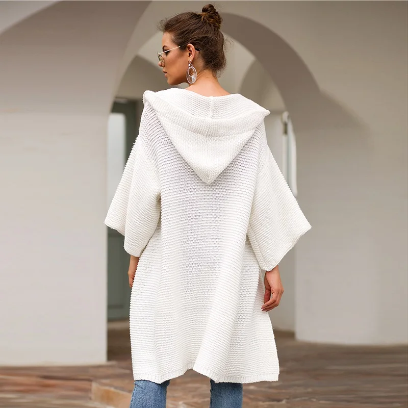 Элегантный вязаный свободный ветрозащитный кардиган с капюшоном Женская куртка